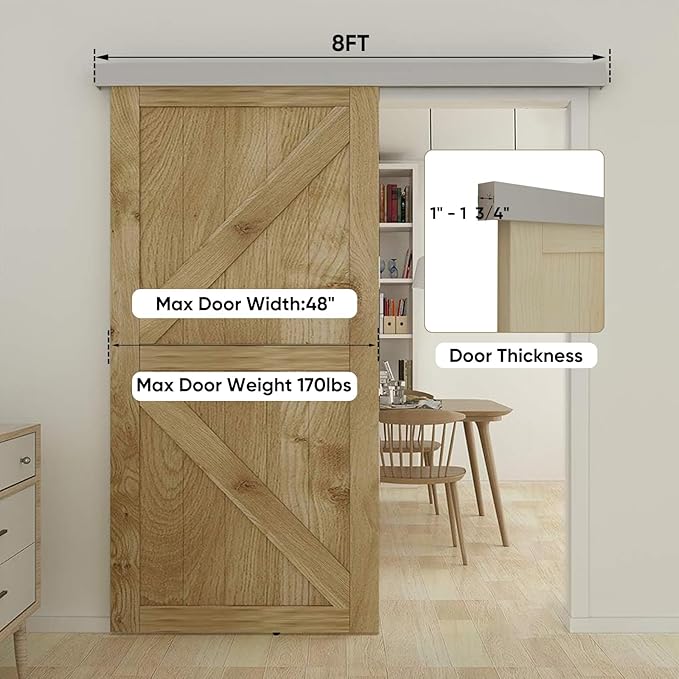 JUBEST 8FT Barn Door Sliding Hardware Track Kit, Aluminium Alloy Box Rail Hardware for Classic Modern Interior Single Wooden Door,Low Clearance