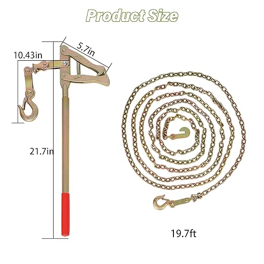 AIWFL 2 PCs Chain Link Fence Stretcher Tool with 19.7FT Chain, Heavy Duty Steel Fence Puller Stretcher Wire Tensioner, 2200lbs Capacity Barbed Wire Fence Bar Puller for Farm, Ranch, Fence Repair