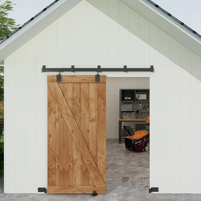 JUBEST 5FT Box Rail Exterior Barn Door Hardware Kit, Heavy-Duty Black Sliding Barn Door Track System, Wall Mount Door Hardware Kits (Door Not Included)