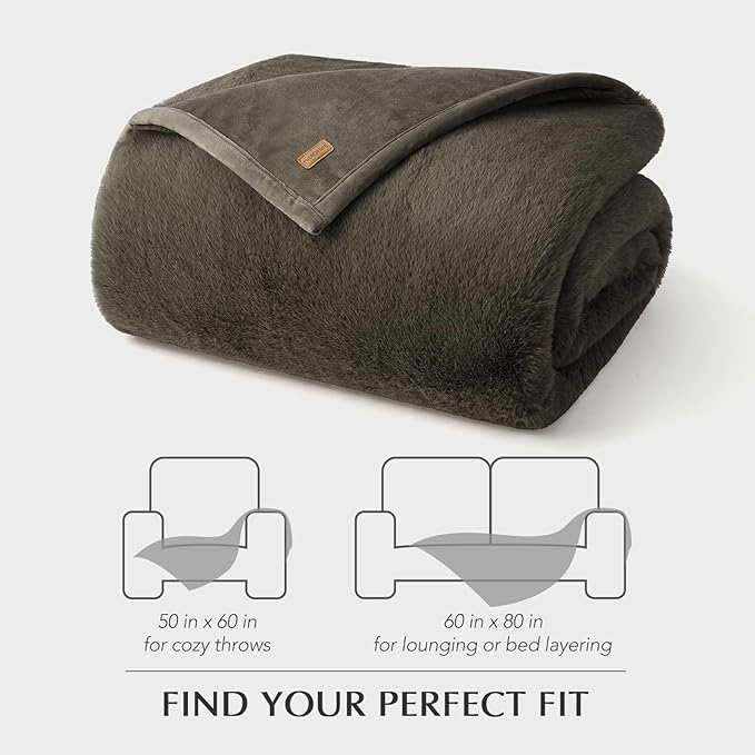 EVERGRACEHOME Luxury Soft Faux Chinchilla Fur Throw Blanket for Couch, Warm Thick Heavy Winter Throw Blanket 1220GSM for Bed, Fluffy Cozy Mink Blanket with Reversible Velvet, Smoky Sable, 50"x60"
