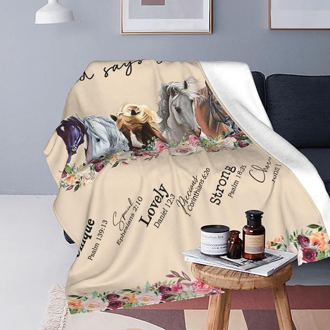 God Says You Are Horse Decor Throw Blanket - Super Warm Soft Plush Lightweight Fleece Flannel Bible Verse Blanket for Women, Girls, Boys, Men, Kids - Winter Couch Bedding - 60"X80"