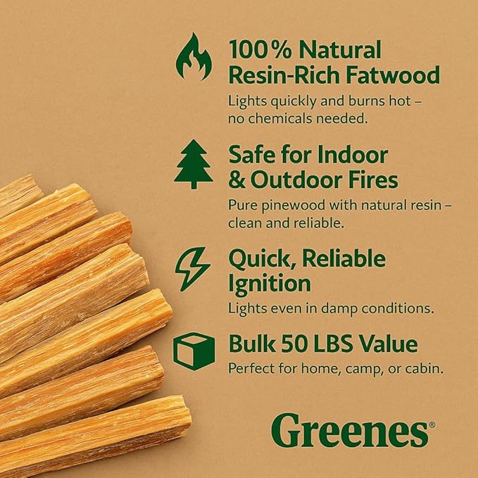 Greenes Fence Fatwood Fire Starter – 50 lb Box – 100% Natural Resin Pine Kindling – Chemical-Free All-Weather for Fireplaces, Campfires, Wood Stoves & Grills