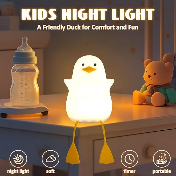 Duck Night Light, Silicone Duck Lamp, Cute Bedside Duck Goose Funny Nightlight with Dimmer and Timer for Room Decor, Duck Gifts for Girls,Boys, Women, Little Ones- Duck
