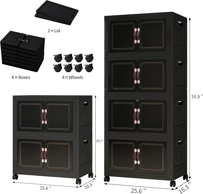 Storage Bins with 2 Lids and Wheels, Collapsible Bathroom Storage Cabinet with Clear Doors, Plastic Stackable Closet Organizers and Storage Containers Black 597 QT