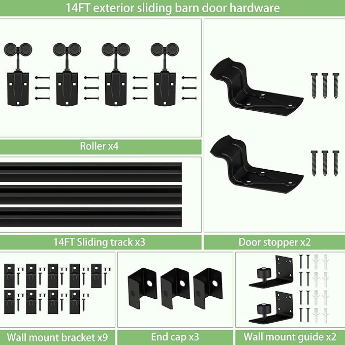 14FT Black Box Rail Exterior Barn Door Hardware Track Kit for 2 Doors, Heavy Duty Barn Door Track Set, Wall Mount Outdoor Weatherproof Double Door Hardware with 7 Track Brackets(No Doors）
