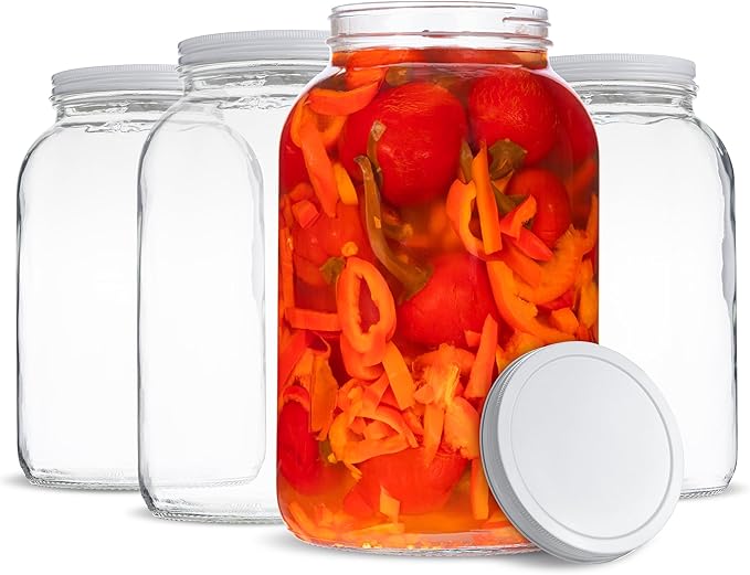 Large Glass Jars 1 Gallon – 4 Pack Wide Mouth Mason Jars with Airtight Metal Lids – Made in USA – Gallon Jars for Fermenting, Pickling, Canning, Water Glassing Eggs, Sourdough Starter & Storage