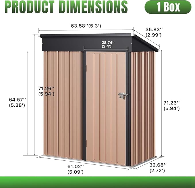 Aoxun 5'x3' Outdoor Metal Storage Shed with Lockable Door- Ideal for Tools, Garden Equipment & Bikes, Perfect for Patio Placement(Brown)