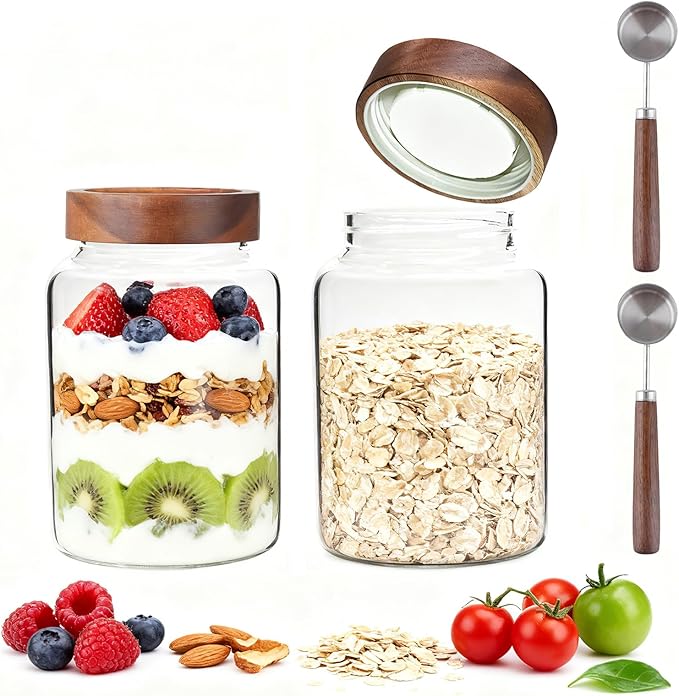 Glass Coffee Jars Spice Jar Round Storage Canister with Wooden Lid Clear Glass Food Jar for Pantry Sugar Tea Coffee Bean Spice Nuts Cookies Bath Salts (1800ml/60oz-2PACK（with spoon)