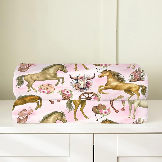 Western Cowgirl Throw Blanket Pink Cowgirl Horse Flannel Blankets Southwest Horses Plush Super Soft Cozy Warm Decor Gifts for Boys Girls Kids Adults Men Women 50" x 60"