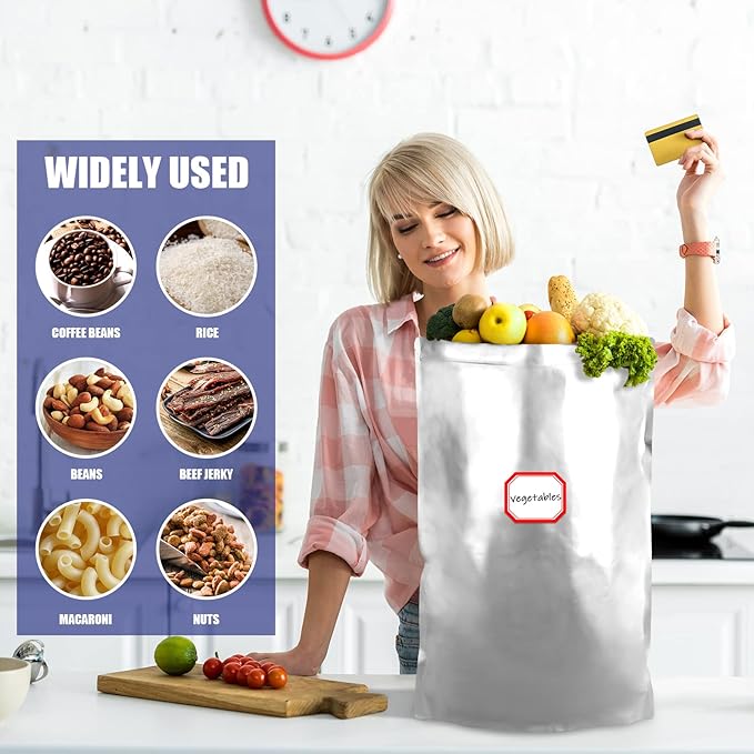 15 Pcs 5 Gallon Mylar Bags for Food Storage, 10.5 Mil Mylar Bags with Oxygen Absorbers 2000cc (15 Single Sealed), Stand-Up Zipper Resealable Bags & Heat Sealable Food Storage Bags + Labels