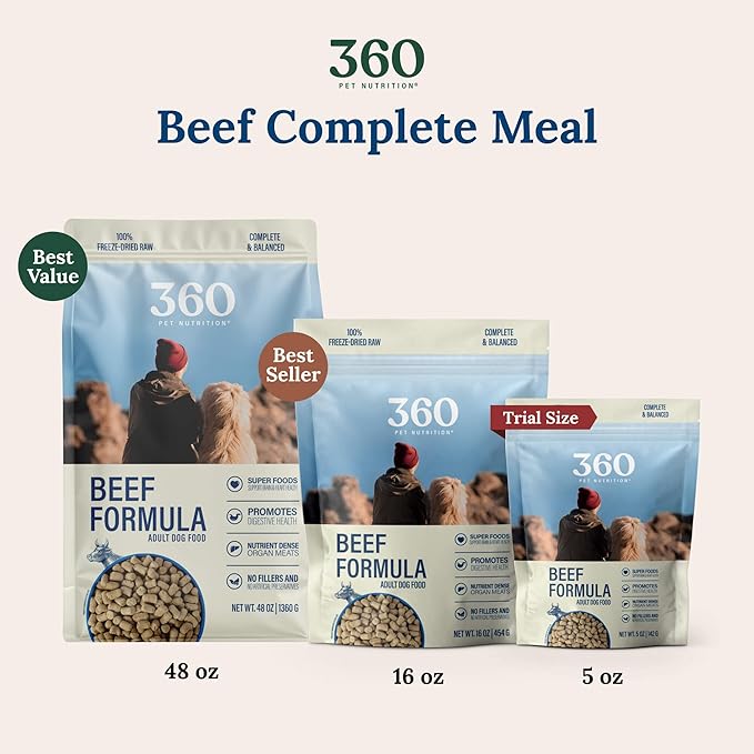 360 Pet Nutrition Freeze-Dried Raw Dog Food – Beef Recipe with Liver & Organs, High Protein with Omega-3s, Fruits, Veggies & Superfoods, Grain-Free, No Fillers, 3 lb – Made in USA
