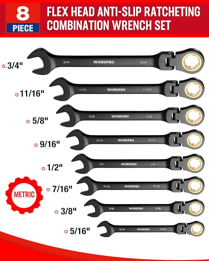 WORKPRO Ratcheting Combination Wrench Set, 8-piece Flex-Head Anti-Slip Set SAE 5/16-3/4 inch, 72-Teeth, Cr-V Constructed, Black Electrophoretic Coating with Rolling Pouch