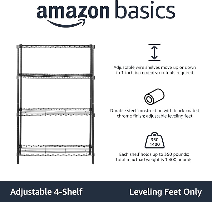 Amazon Basics 4-Shelf Adjustable Heavy Duty Steel Wire Rack Storage Shelving Organizer for Kitchen, Garage, 36" L x 14" W x 54" H, Black