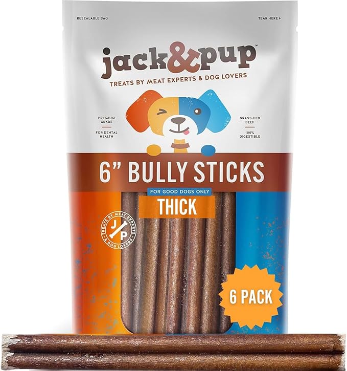 Jack&Pup 6-inch Premium Grade Odor Free Bully Sticks Dog Treats [Thick-Size] – 6” Long All Natural Gourmet Dog Treat Chews – Fresh and Savory Beef Flavor - (6 Pack)