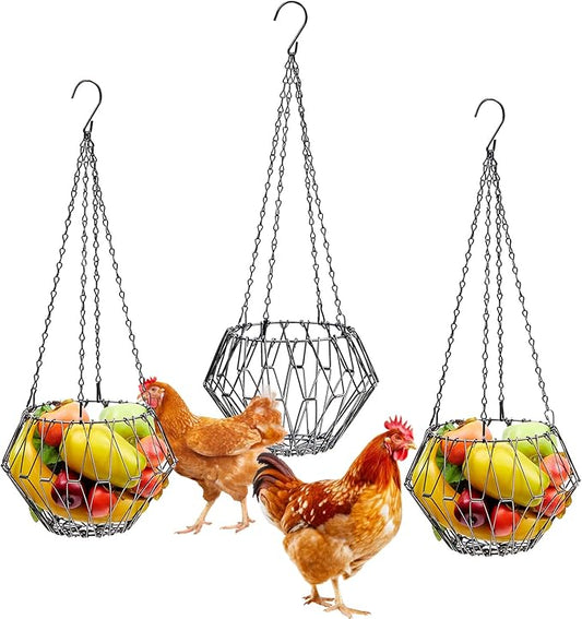 Patelai 3 Pack Hanging Chicken Feeder, 9.2in Large Vegetable Fruits Poultry Feeder Basket with Hanging Chains, Foldable Ducks Treat Dispenser Chicken Toys for Coop for Rabbits Hens, Black