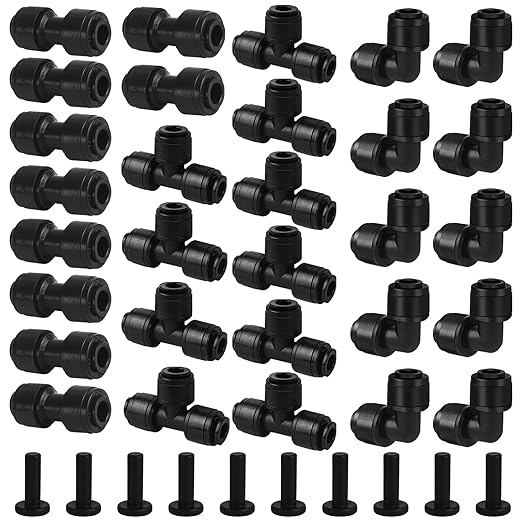 1/4 Inch Drip Tubing Irrigation Fittings Kit - 40 Pieces Set 1/4'' Drip Line Push-to-Fit Connectors Includes 10 Tees 10 Coupling 10 Elbows 10 End Cap