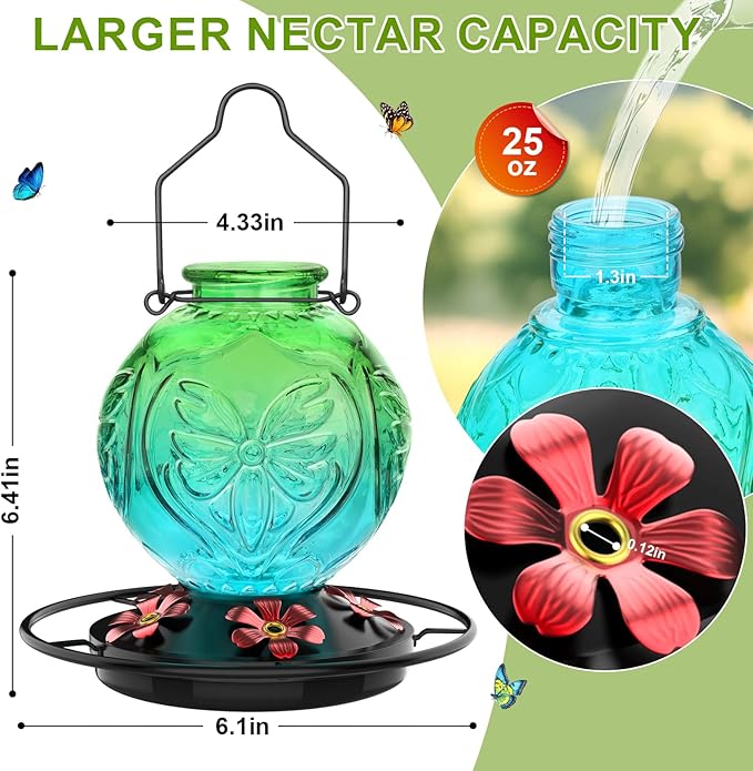 Glass Hummingbird Feeder for Outdoors Hanging, 25Oz Humming Bird Nectar Feeders with Perch & 5 Flower Feeding Ports, Leak Proof for Outside Garden Decor, Gifts for Women (Green & Blue)