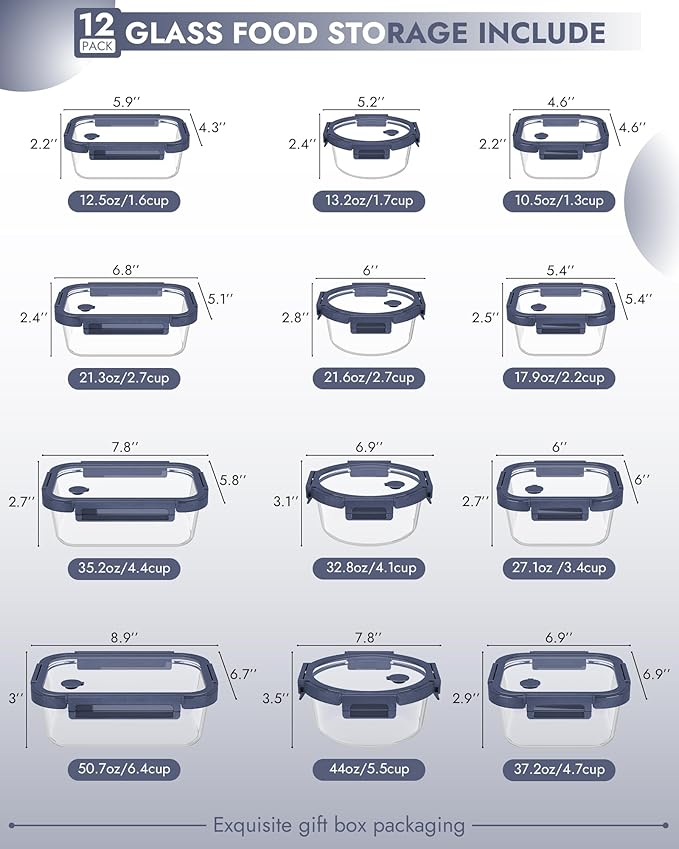 12-Pack Glass Containers with Tempered Lids – Borosilicate, Oven-Safe, Airtight, BPA-Free, Multi-Size for Meal Prep, Dishwasher Safe (Blue)