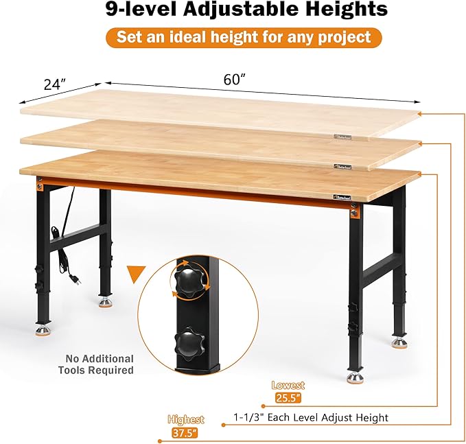 Betterhood Adjustable Height Workbench, 60" Rubber Wood Top Heavy Duty Workstation with Power Outlets, 2000 LBS Load Capacity Hardwood Worktable for Workshop, Garage, Office, Home, Commercial