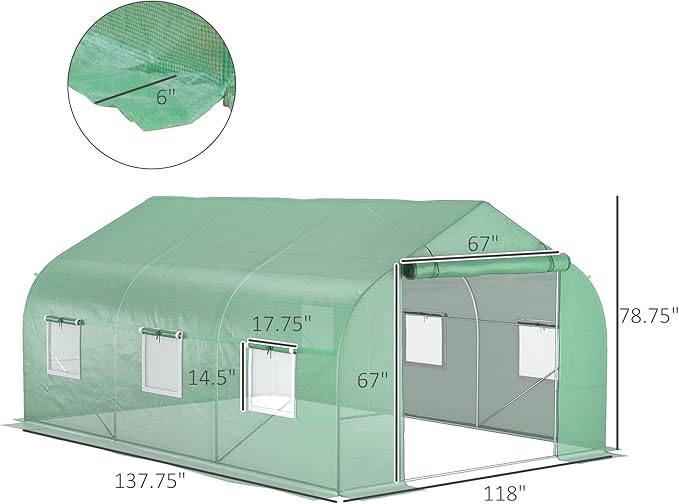 Outsunny 11.5' x 10' x 6.5' Outdoor Walk-in Greenhouse, Tunnel Green House with Roll-up Windows, Zippered Door, PE Cover, Heavy Duty Steel Frame, Green