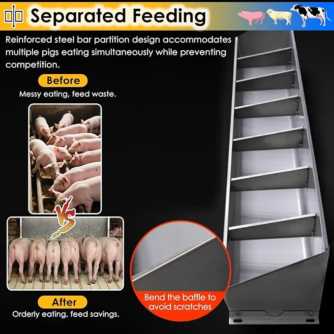 Heavy Duty 2-in-1 Stainless Steel Livestock Feed Trough for Pigs, Sheep, Cattle, and Goats - Hanging Design with Sloped Opening, 39.4" Long, Easy Feeding for Farm Animals