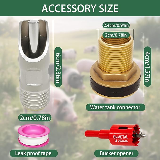 8Pcs Pig Nipple Waterer for Barrel Kit, Automatic Hogs Drinker Feeder with Stainless Steel Pig Water Nipple & Brass Water Tank Connectors & Hole Opener for Hog Sows Piglets Swine