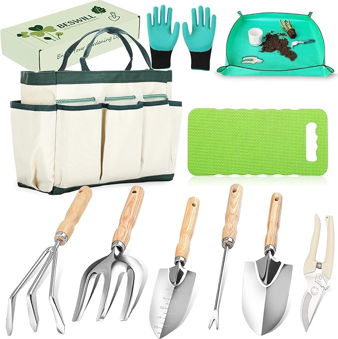 10-Piece Heavy-Duty Gardening Tools Set with Tote Bag - Rust-Proof Aluminum Gardening Hand Tools with Non-Slip Ergonomic Wood Handle - Gardening Supplies Set Ideal Gift for Men & Women