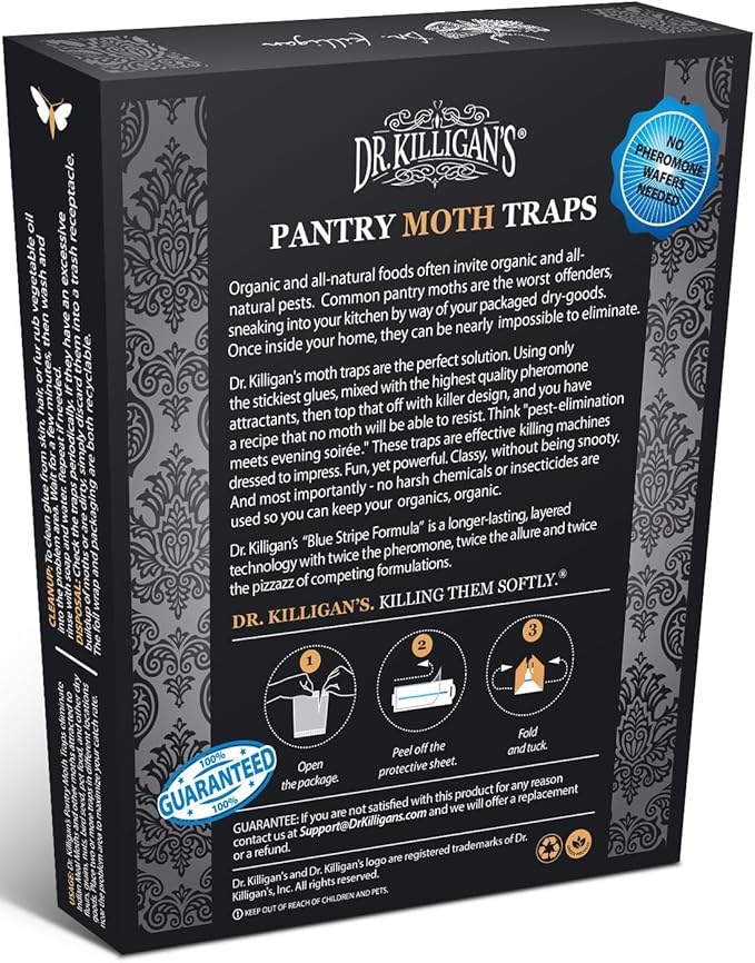 Dr. Killigan's Premium Double Potent Pantry Moth Traps with Pheromones Prime, Sticky Indian Meal Moth Traps for Kitchen, How to Get Rid of Moths in House (6 Pack, Black)