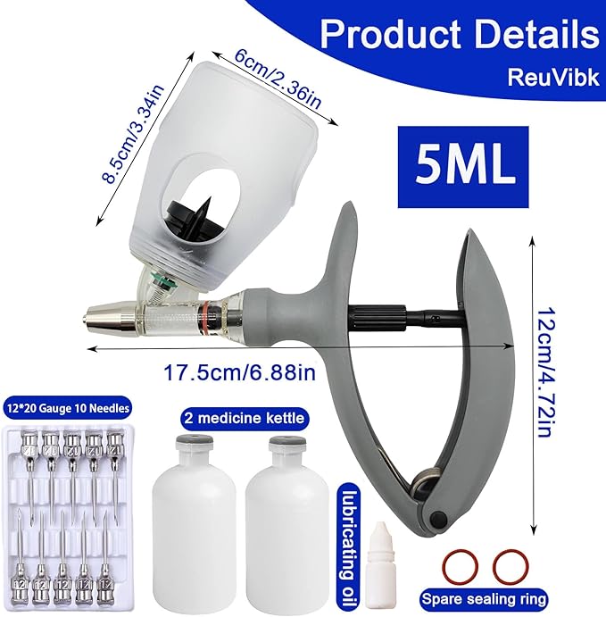 5ML Livestock Syringe Gun, Automatic Self Refill Injection Gun Continuous Adjustable Bottle Attachment Livestock Animal Syringe with 10 Needles, for Chicken, Duck, Pig, Sheep, Cow Poultry