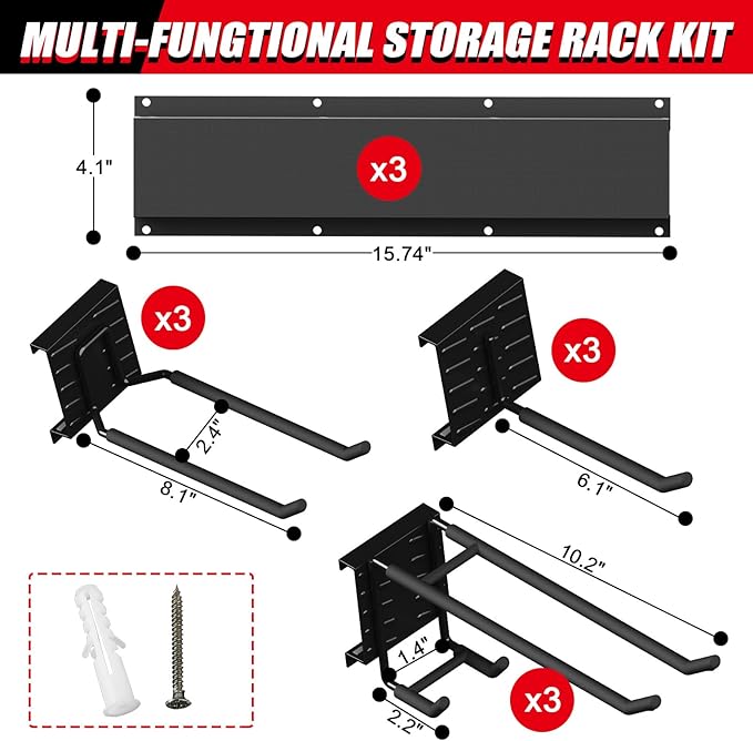 48 Inches Garage Organization,Wall Mount Garden Tool Organizer, 660lbs Adjustable Heavy Duty Metal Hanging Hooks, Garden Tool Hangers Storage Rack for Garage, Yard, and Shed (3 Racks, 9 Hooks)