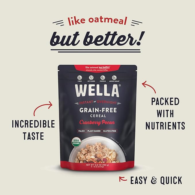 Wella Cereal Oatmeal Alternative, Gluten-Free Breakfast Hot Cereal, Grain-Free Paleo Organic Vegan High Protein Superfood, Plant-Based Non-GMO, Low in Net Carbs, Multi-Serve Bag, Cranberry Pecan Flavor (1 Count, 12.8 oz. Bag)