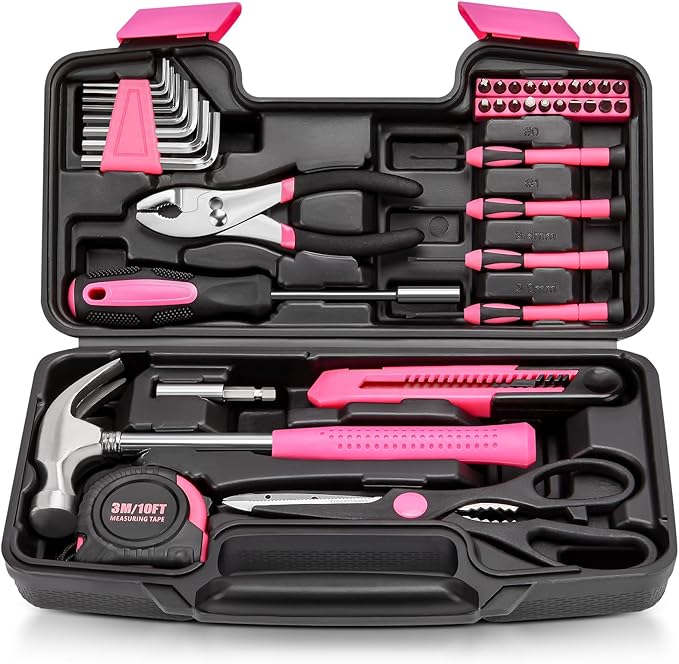39pcs Pink Household Tool Set, Essential Hand Tool Kit with Plastic Toolbox for Home Repairs, DIY & Crafts, Perfect for Students & Everyday Use