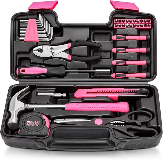 39pcs Pink Household Tool Set, Essential Hand Tool Kit with Plastic Toolbox for Home Repairs, DIY & Crafts, Perfect for Students & Everyday Use