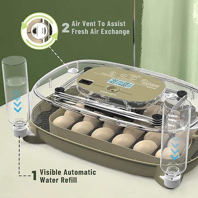24 Egg Incubator for Hatching with Automatic Turner, Smart Temperature & Humidity Control, 360° Viewing, Egg Candler, Auto Water Refill, Ideal for Chicken, Duck, Farm or Home Use (24 Egg-Green)