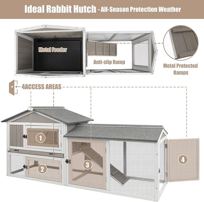 Rabbit Hutch Indoor Outdoor Bunny Cage with Pull Out Tray,2 Story Wooden Rabbit Cage with Weatherproof Asphalt Roof,Guinea Pig Cage with Ventilation Doors,Ramp for Small Animals 114" L Grey