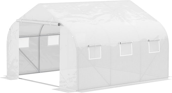 Outsunny 11.5' x 10' x 6.5' Outdoor Walk-in Greenhouse, Tunnel Green House with Roll-up Windows, Zippered Door, PE Cover, Heavy Duty Steel Frame, White