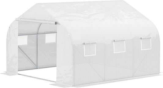 Outsunny 11.5' x 10' x 6.5' Outdoor Walk-in Greenhouse, Tunnel Green House with Roll-up Windows, Zippered Door, PE Cover, Heavy Duty Steel Frame, White