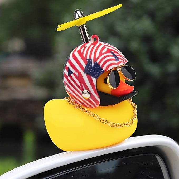 wonuu Rubber Duck Toy Car Ornaments Yellow Duck Car Dashboard Decorations Squeeze Duck Bicycle Horns with Propeller Helmet