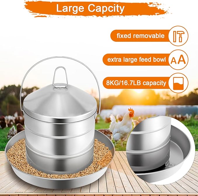 RYFT Automatic Chicken Feeder 8KG/17.6lbs, Stainless Steel Poultry Feeder, Heavy Duty Thickness 0.035 in / 0.9 mm, with Handle, Top Filled, Durable and Rust Resistant