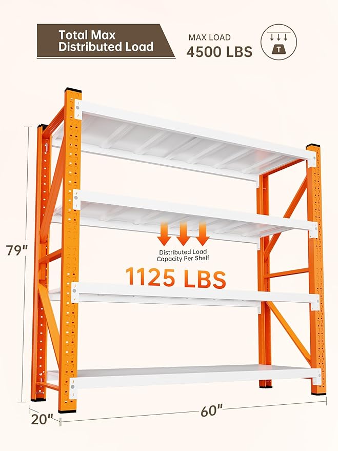 4-Tier Storage Shelves,79" H Heavy-Duty Garage Shelving Unit,Adjustable Metal Industrial Shelf System,4,000lbs Capacity,Tool Organizer for Garage,Workshop,60" W x 20" D x 79" H,Orange&White