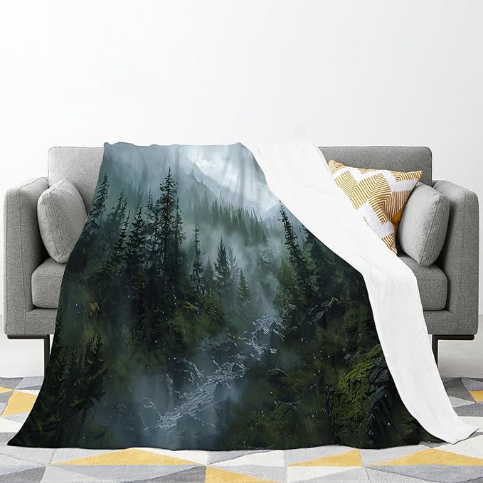Forest Blanket Misty Mountain Tree Throw Blanket Cozy Plush Fleece Flannel Green Nature Blankets Landscape Party Gifts for Girls Boys Women Men 50"X40"