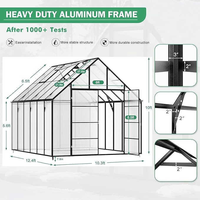 10x12 FT Greenhouse for Outdoor Large Heavy Duty Polycarbonate Greenhouses Aluminum Frame Walk-in Green House with 2 Windows Wider Door for Garden Plants Outside