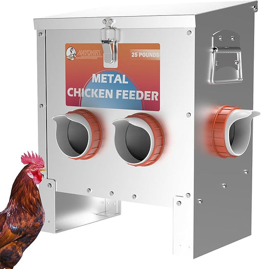 Automatic Chicken Feeder No Waste 25 Pounds 4 Ports Metal Poultry Feeder with Latch & Handle for Chickens Bantams Pheasants Poultry Coop Weatherproof