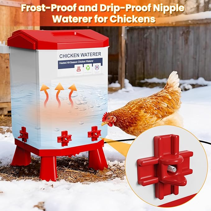 Nexum 2-Gallon Heated Chicken Waterer – All-Season Poultry Drinker with 4 Nipples and Stand, Keeps Clean & Unfrozen, Easy-Fill, Low Maintenance for Chickens, Ducks & Quail (Red, 7L)
