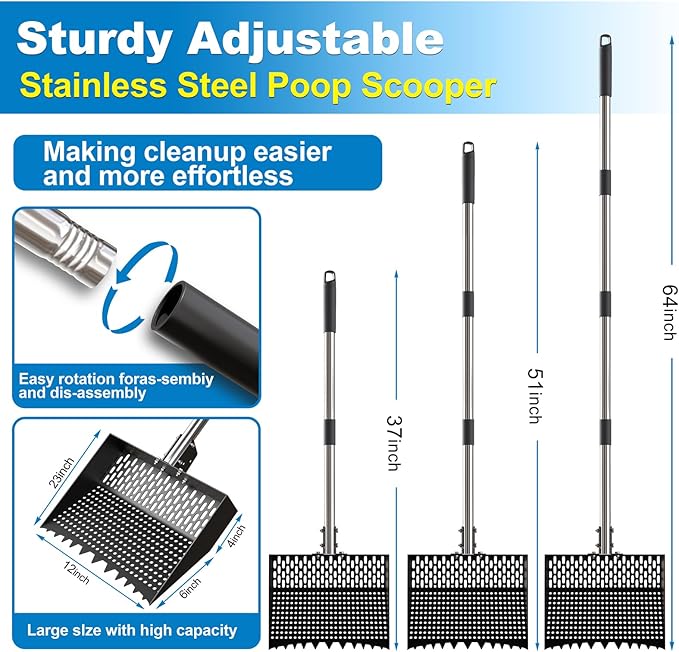 12-Inch 2-in-1 Chicken Poop Scooper & Rake, Chicken Coop Scoop with Adjustable Stainless Steel Handle （24–64"）, 3 Angles & 2 Sifting Holes, Litter Scoop Sand Sifting Shovel Pooper Scooper (Black)