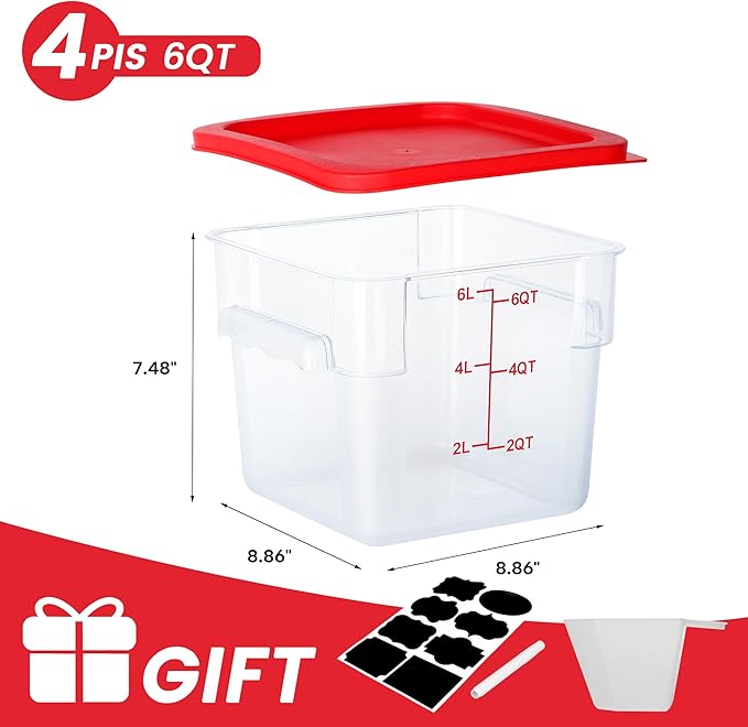 4 Pack Food Storage Containers, 6 Quart with Lids, Square Commercial Containers with Scale, NSF, Polycarbonate, Clear