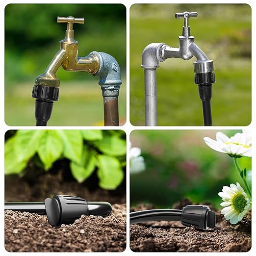 Bonviee Drip Irrigation Parts for 5/16" Main Line - (6-Pack) - 3 x PVC Female Hose Thread Non-Swivel Adapter and 3 x Barbed Threaded End Plugs - Drip Irrigation Fittings