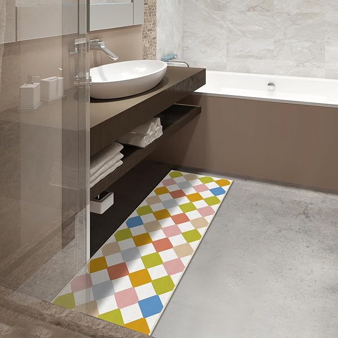 Washable Checkered Neutral Runner for Hallway Bedroom 2x6 Modern Geometry Non Slip Colorful Area Rug Low Pile Indoor Floor