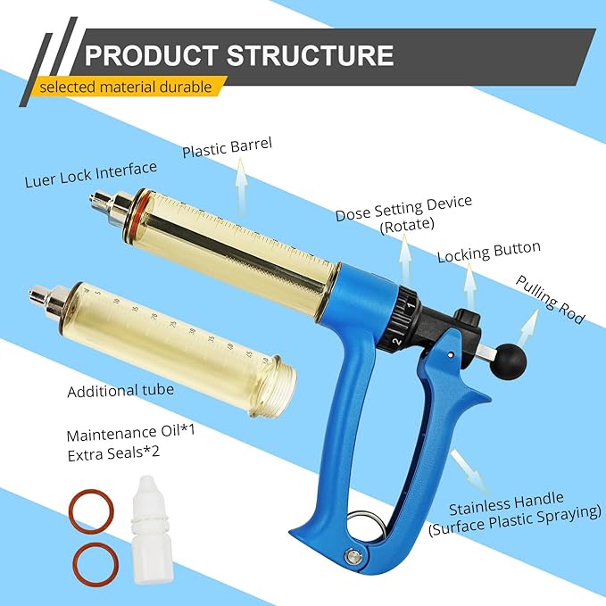 50ML Semi Automatic Livestock Syringe for Cow Goat Cattle Sheep Pig, 5 Gears Adjustable Continuous Repeating Injection, Veterinary Cattle Vaccine Luer Lock Syringe with 2 Tubes