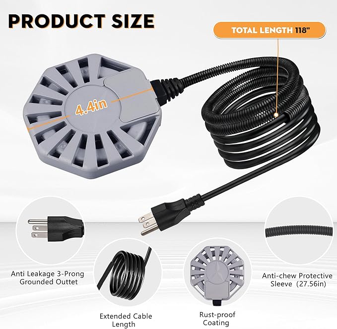 500W Chicken Water Heater - Bird Bath Heater, Stock Tank Heater for Livestock | Submersible Heater with 41°F Smart On/Off, 9.84FT Cord & 27.56in Chew-Proof Sleeve, Non-Conductive Winter Heater